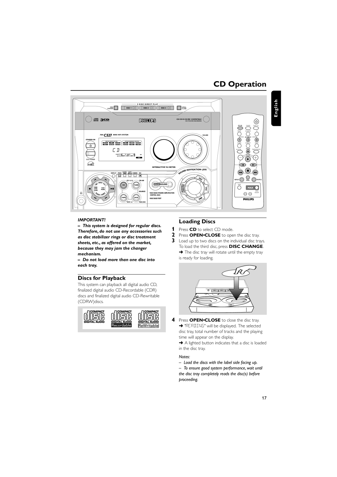 Philips FWC527/37 warranty CD Operation, Discs for Playback, Loading Discs, Press Openclose to close the disc tray 