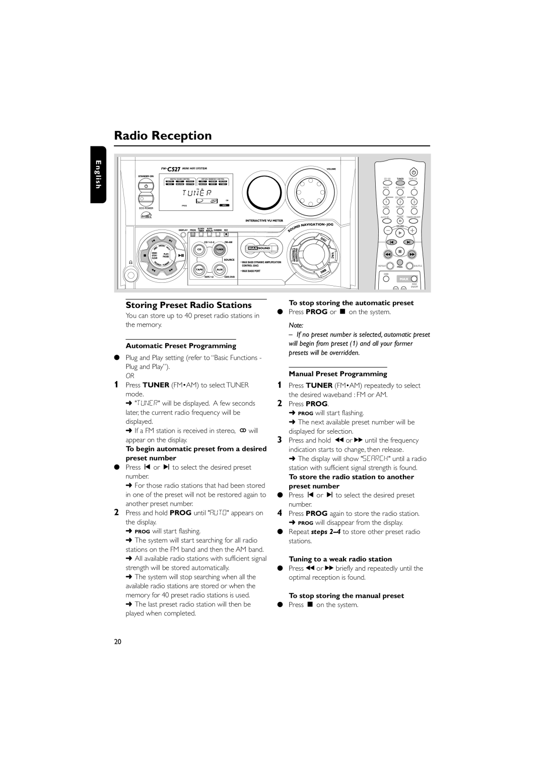 Philips FWC527/37 warranty Radio Reception, Storing Preset Radio Stations 