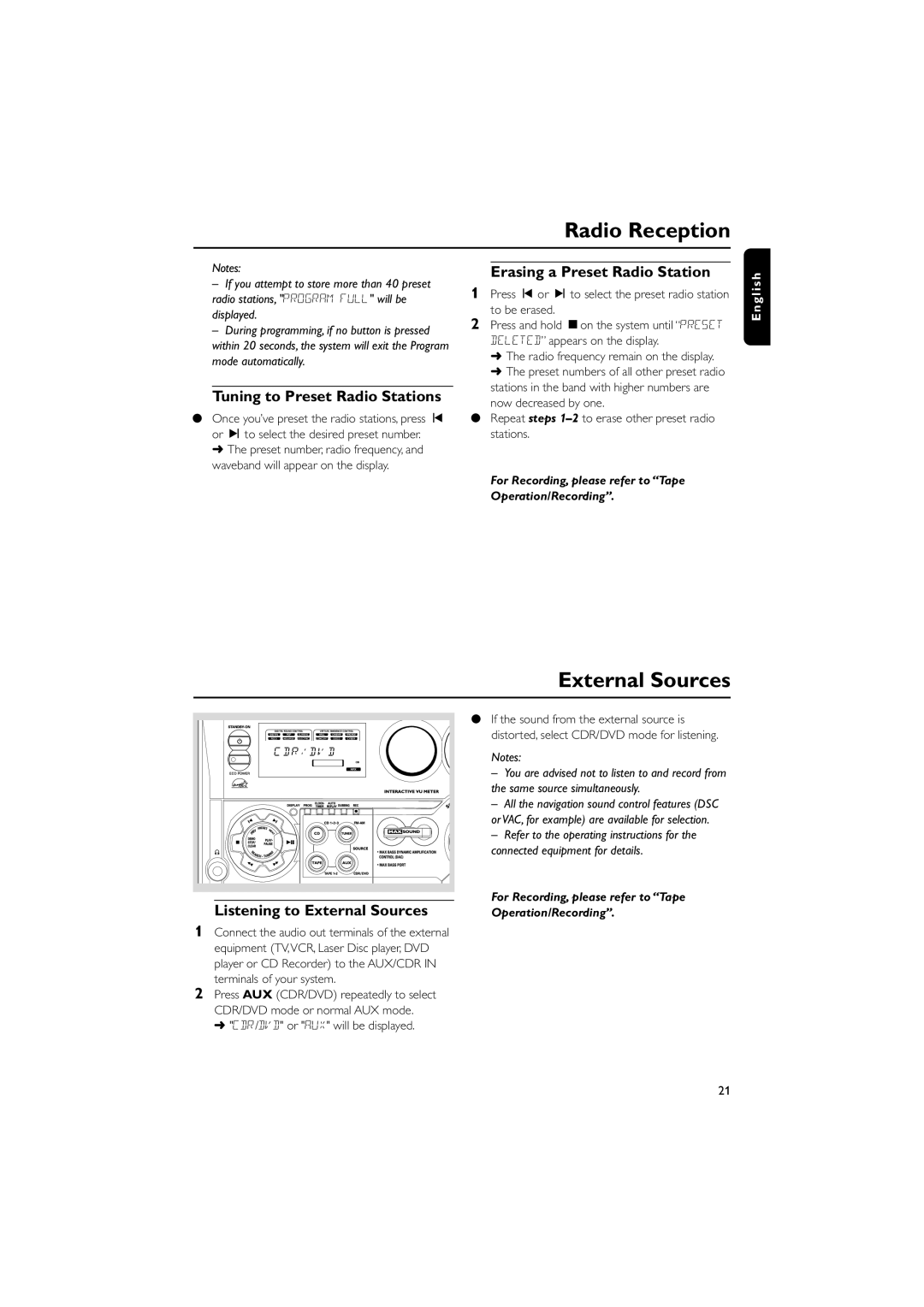 Philips FWC527/37 warranty External Sources, Tuning to Preset Radio Stations, Erasing a Preset Radio Station 