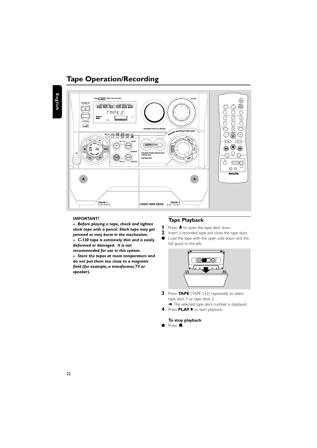 Philips FWC527/37 warranty Tape Operation/Recording, Tape Playback, Press çto open the tape deck door 