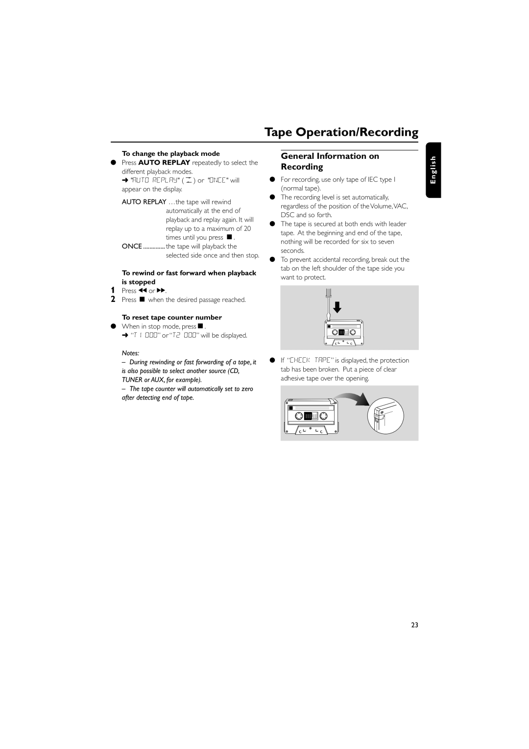 Philips FWC527/37 warranty General Information on Recording, To change the playback mode, To reset tape counter number 