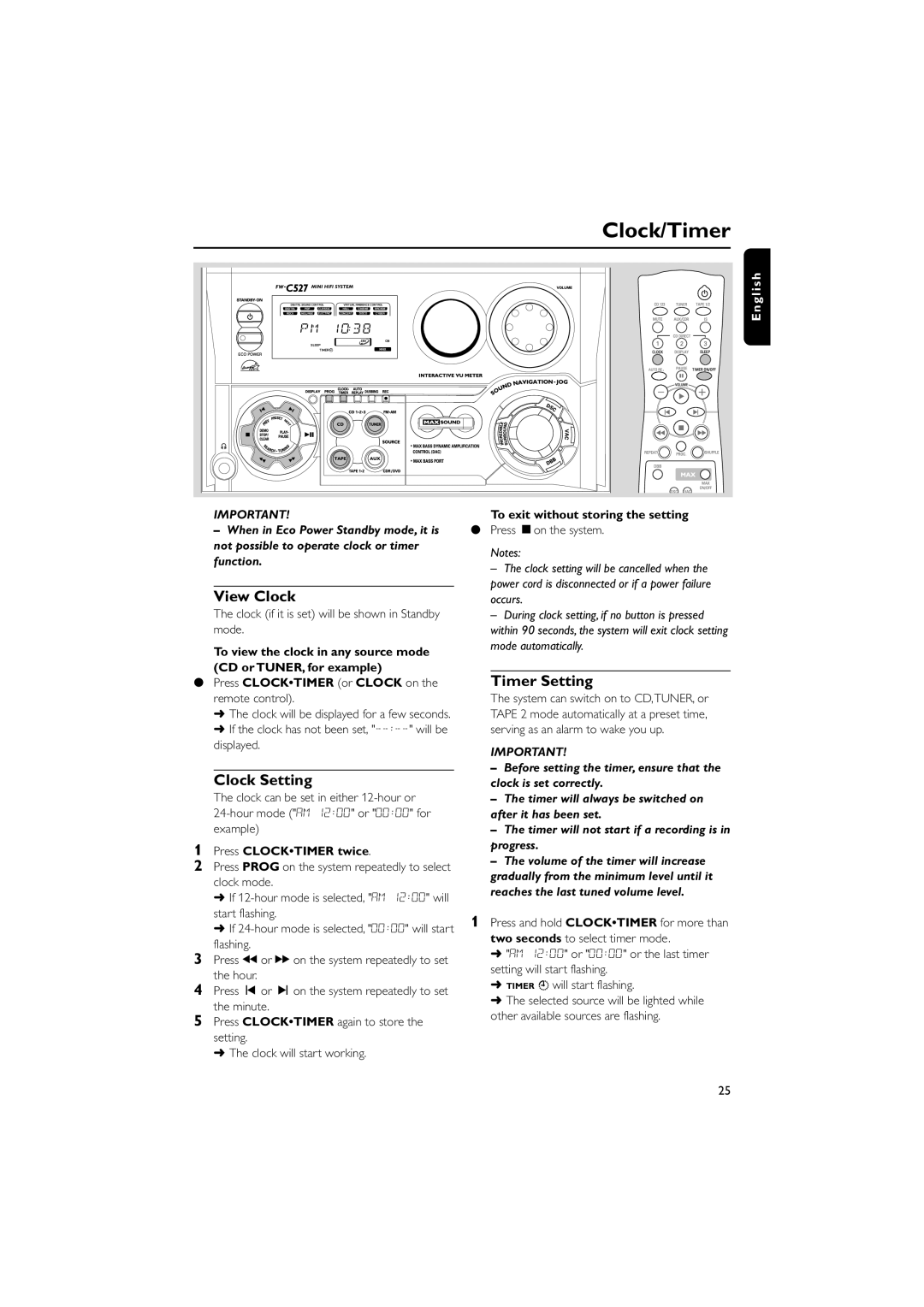 Philips FWC527/37 warranty View Clock, Clock Setting, Timer Setting, Press Clocktimer twice 