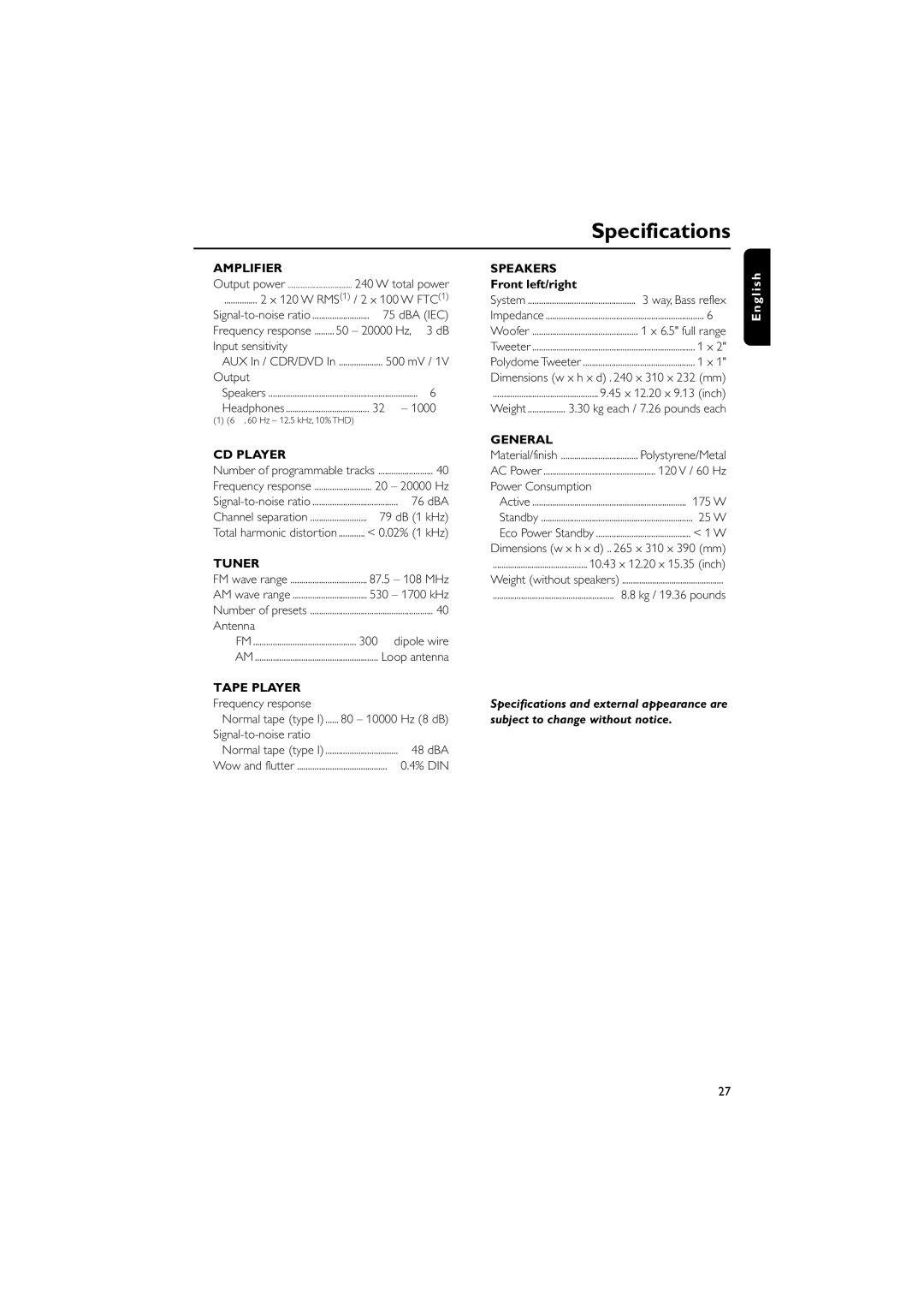 Philips FWC527/37 warranty Specifications 