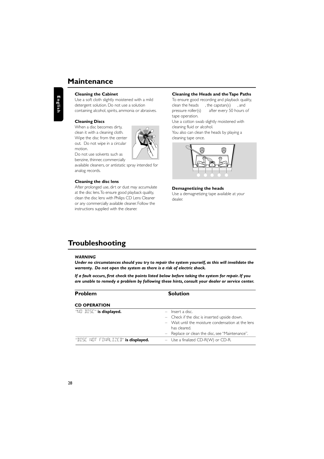 Philips FWC527/37 warranty Maintenance, Troubleshooting, Problem Solution, CD Operation 