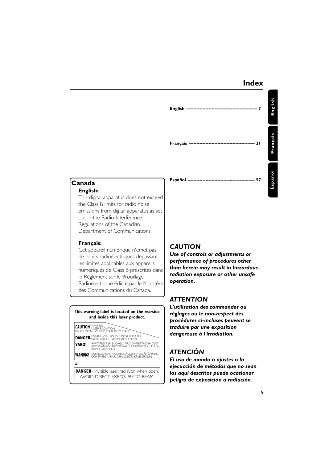 Philips FWC527/37 warranty Index, English, Français, Inside this laser product 