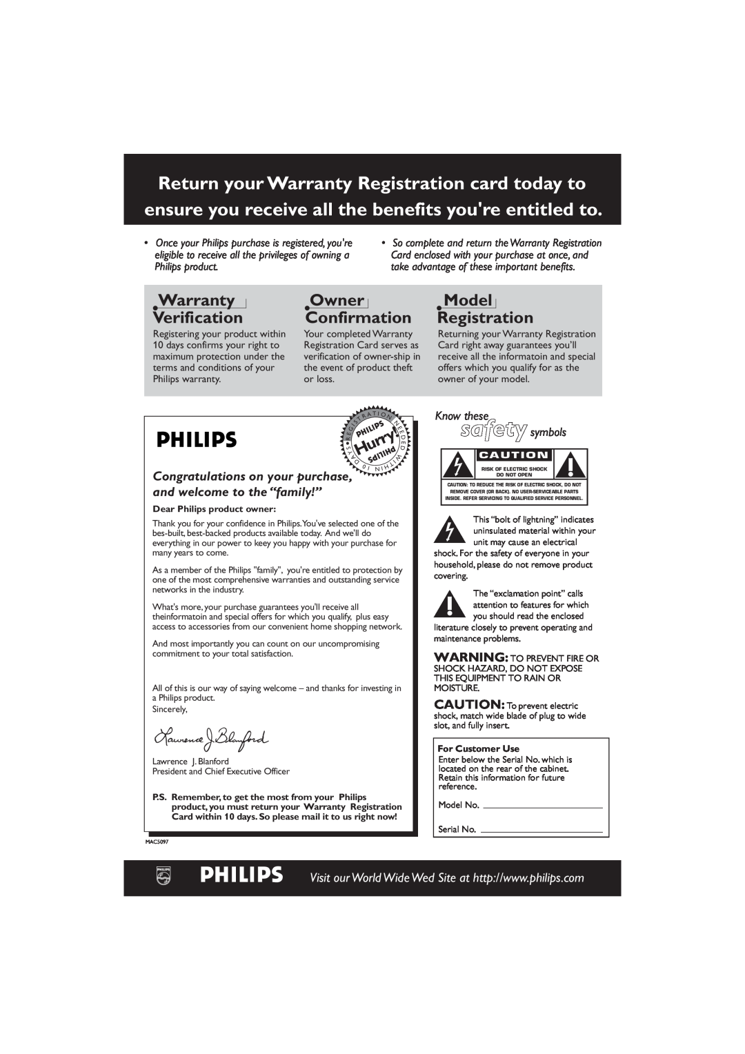 Philips FWC527/37 Hurry, Warranty Verification, Owner Confirmation, Model Registration, and welcome to the “family!” 