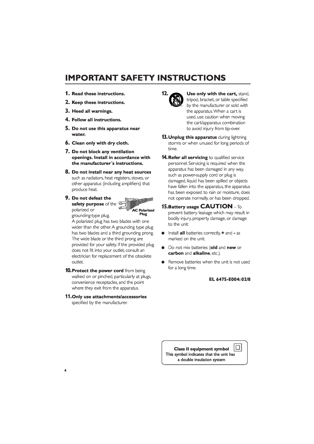 Philips FWC527/37 warranty Important Safety Instructions 
