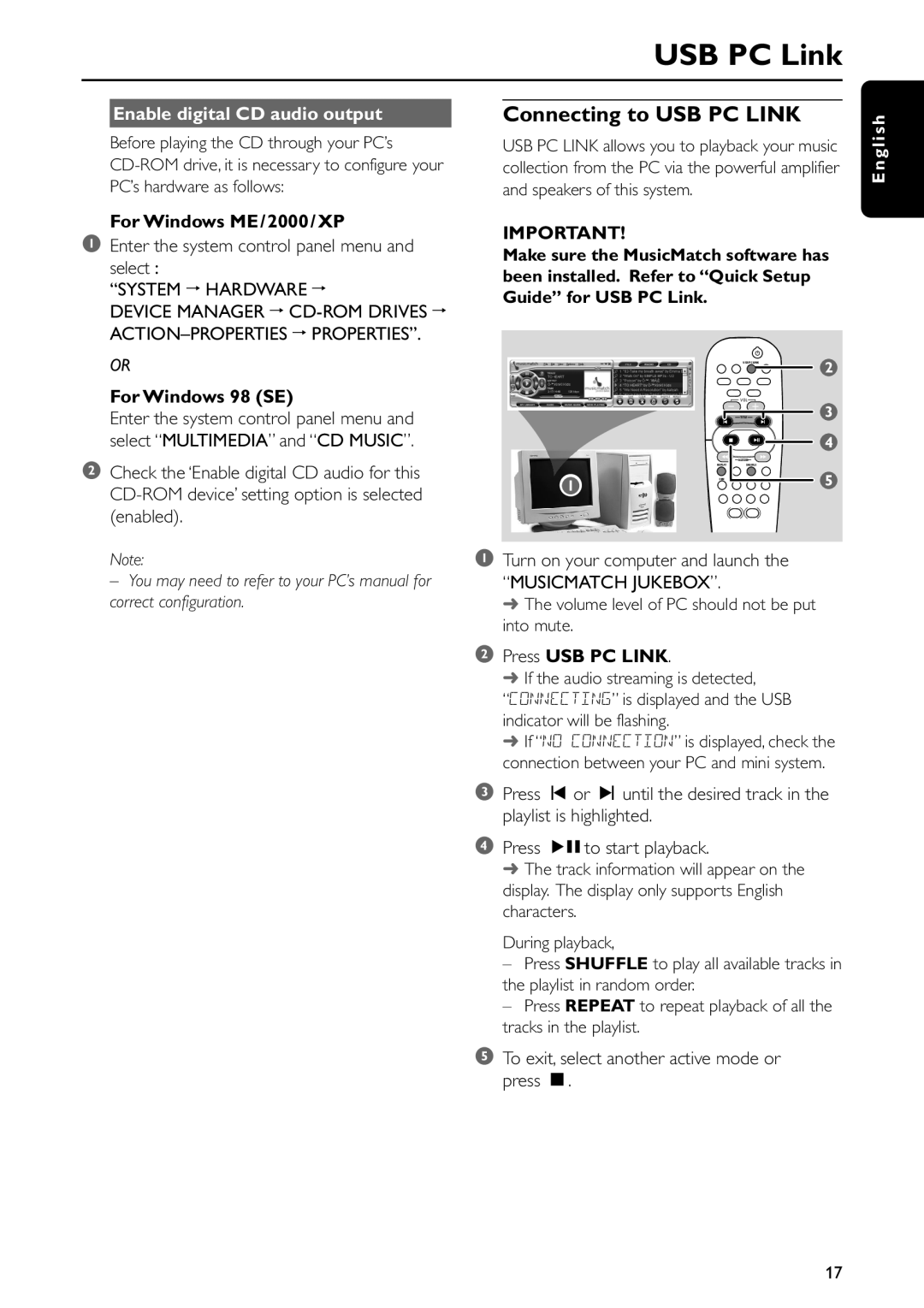 Philips FWC577 Connecting to USB PC Link, Enable digital CD audio output, For Windows ME/2000/XP, For Windows 98 SE 