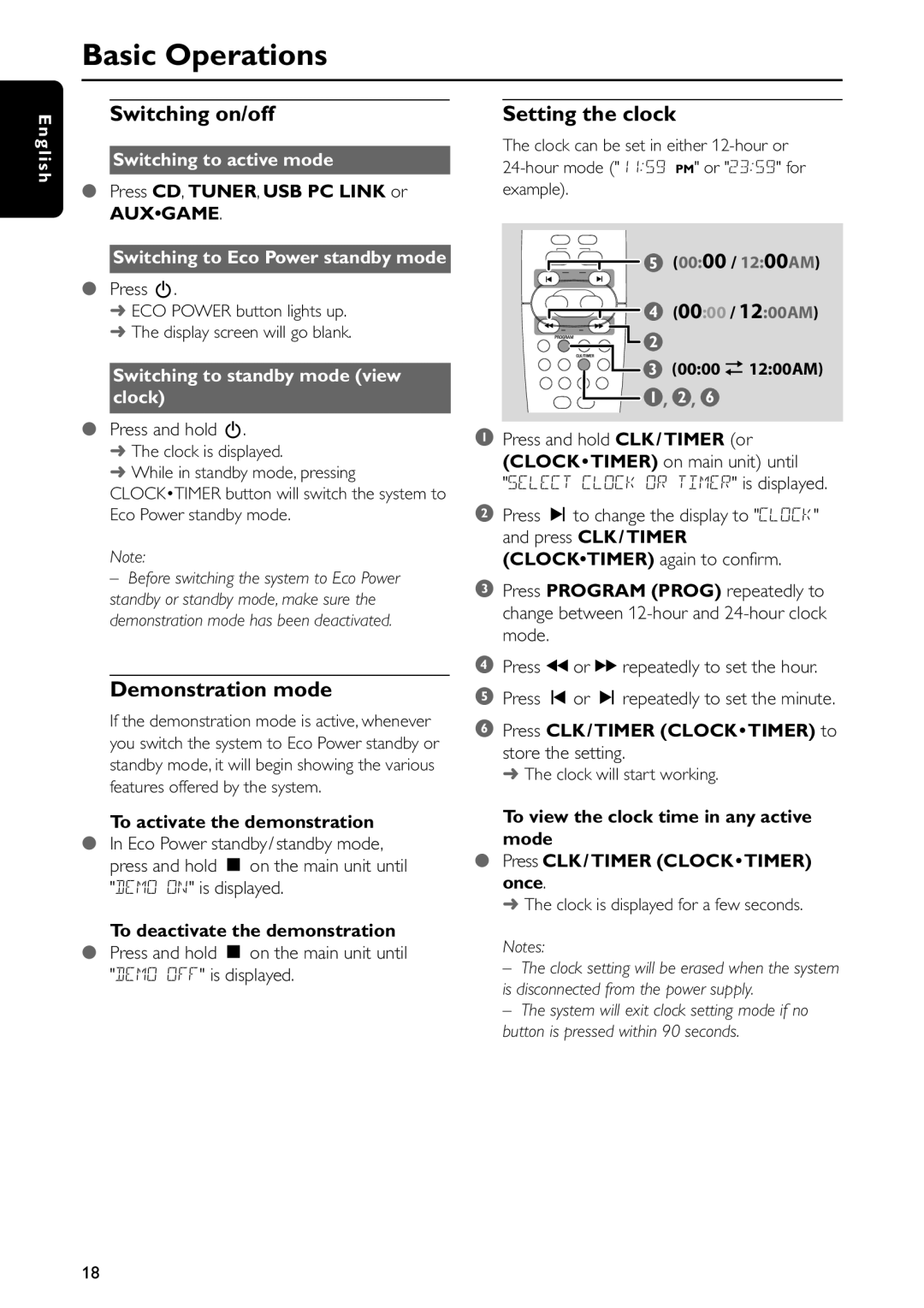 Philips FWC577 warranty Basic Operations, Switching on/off, Demonstration mode, Setting the clock 