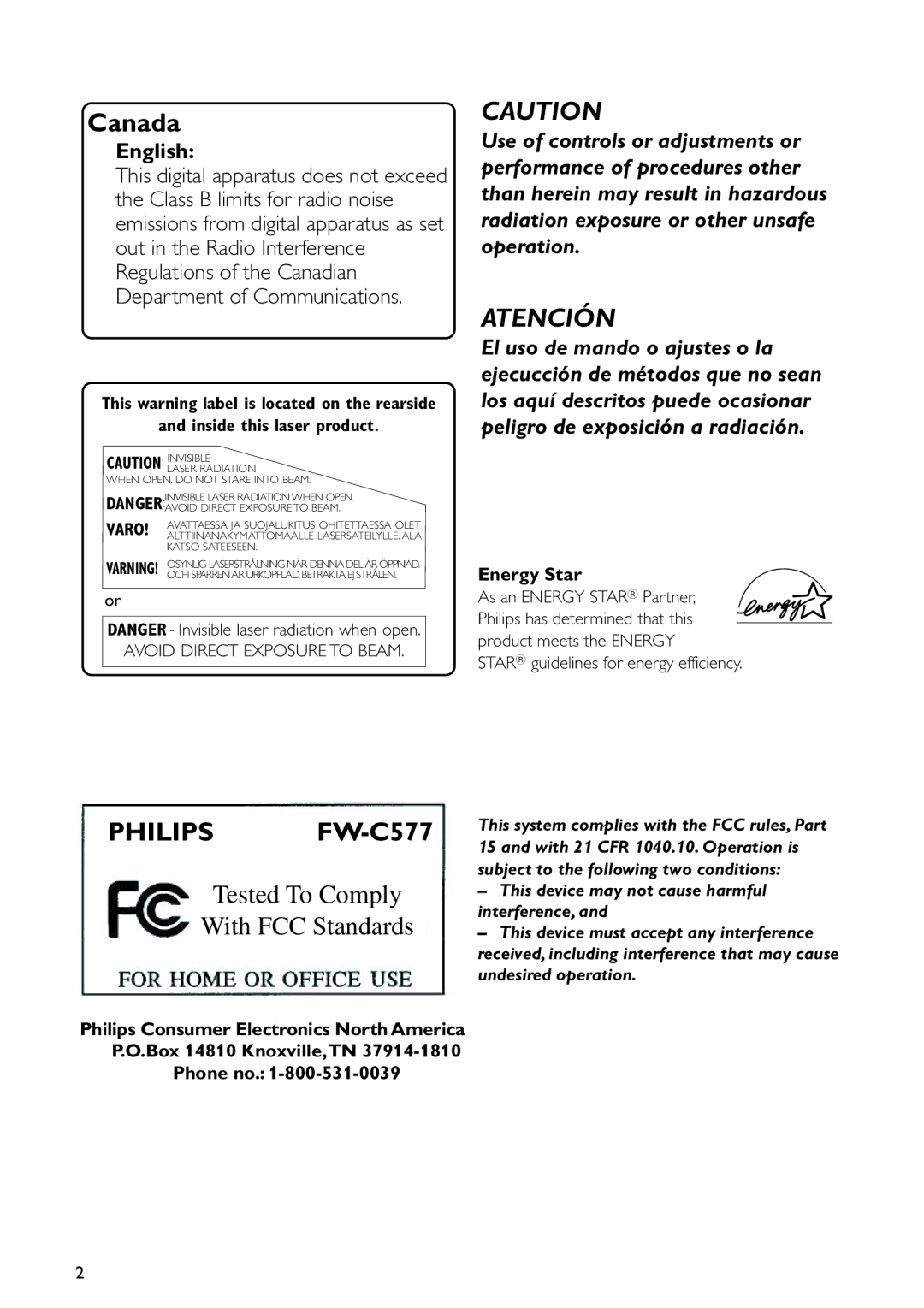 Philips FWC577 warranty English, Inside this laser product, Energy Star 