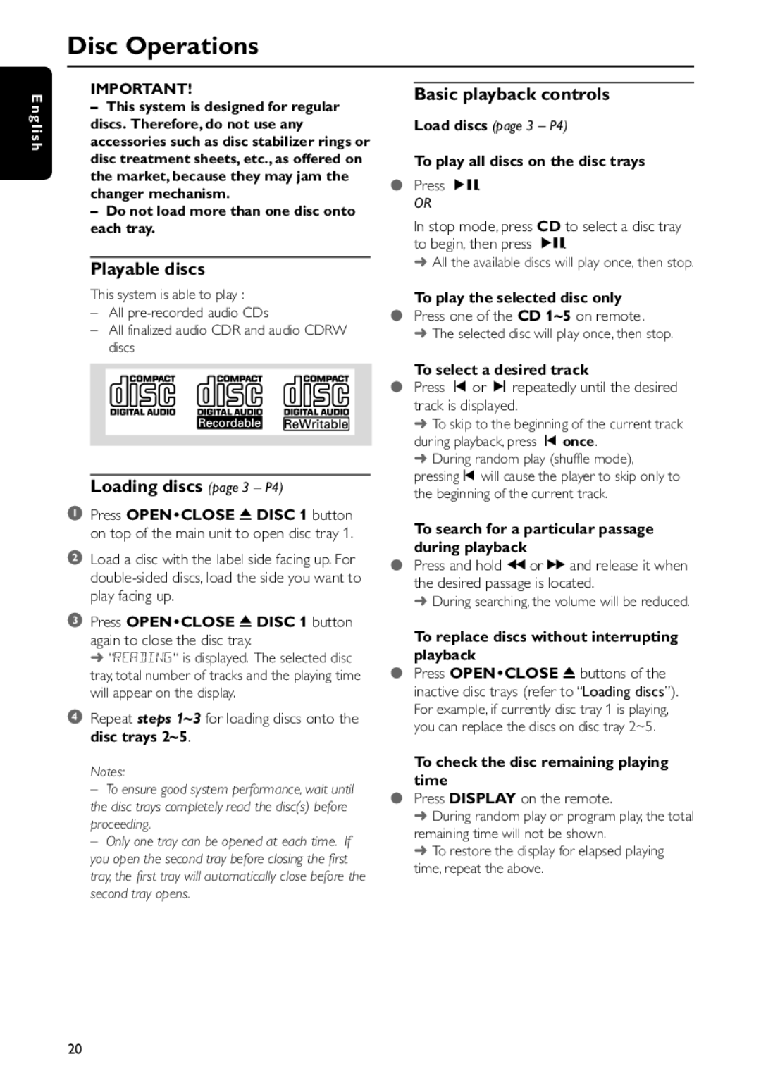 Philips FWC577 warranty Disc Operations, Playable discs, Basic playback controls, Loading discs page 3 P4 