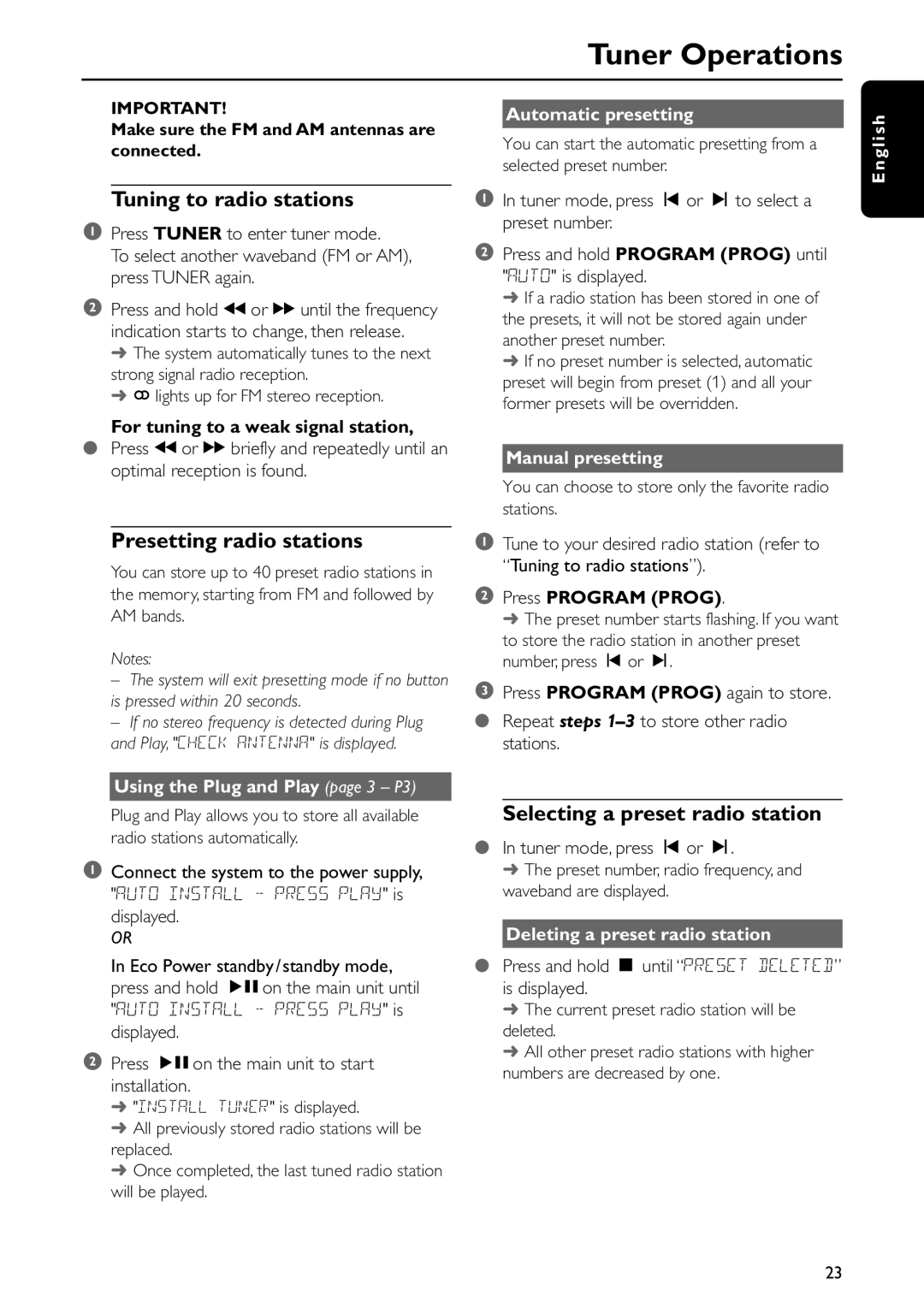 Philips FWC577 Tuner Operations, Tuning to radio stations, Presetting radio stations, Selecting a preset radio station 