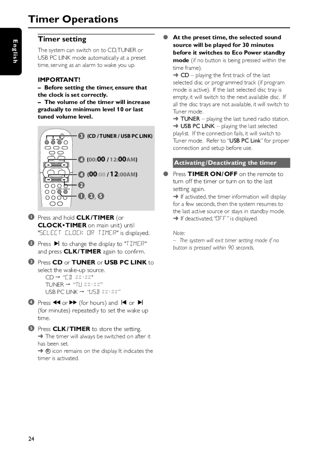 Philips FWC577 Timer Operations, Timer setting, Activating/Deactivating the timer, If deactivated, OFF is displayed 