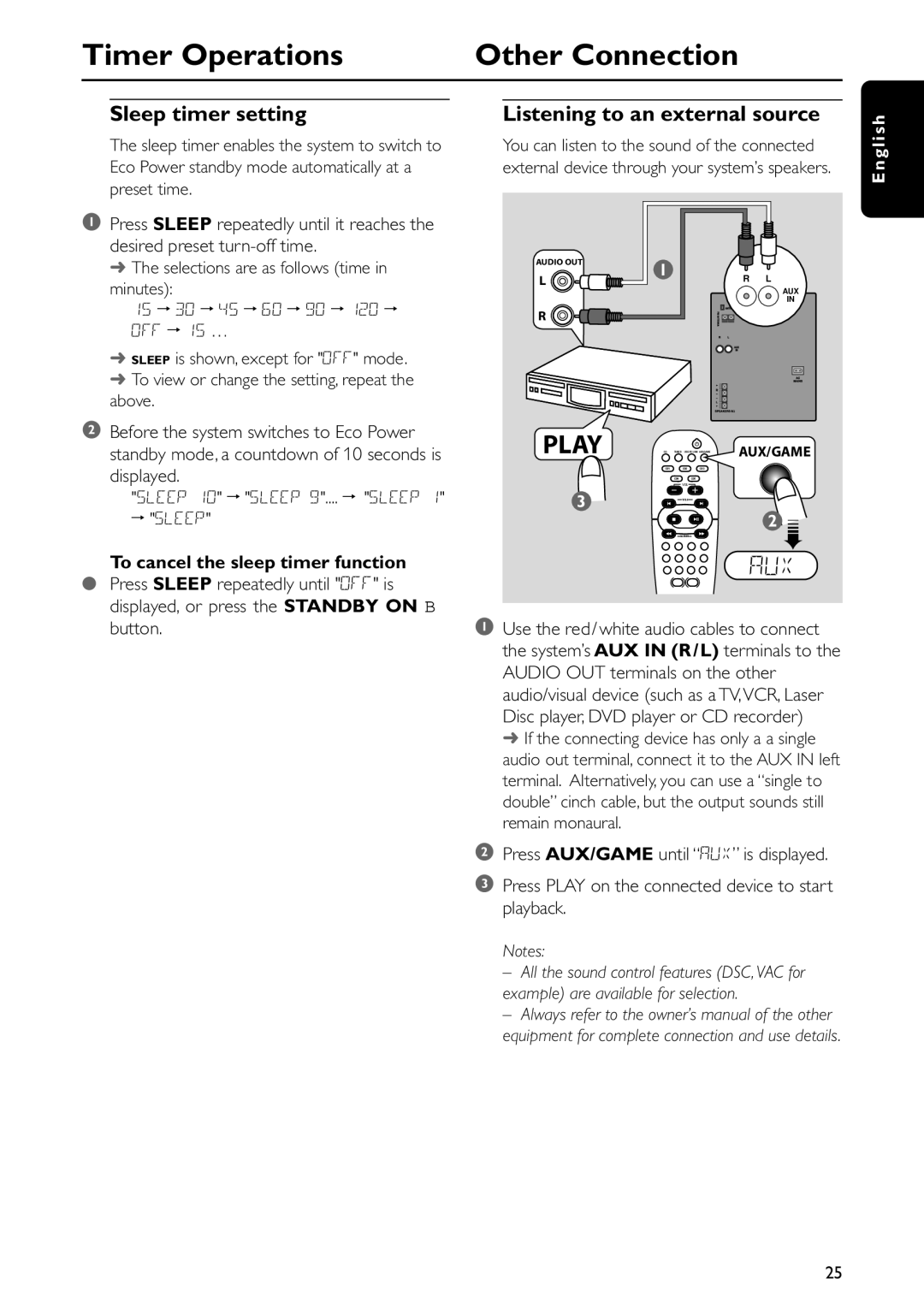 Philips FWC577 warranty Timer Operations Other Connection, Sleep timer setting, Listening to an external source 