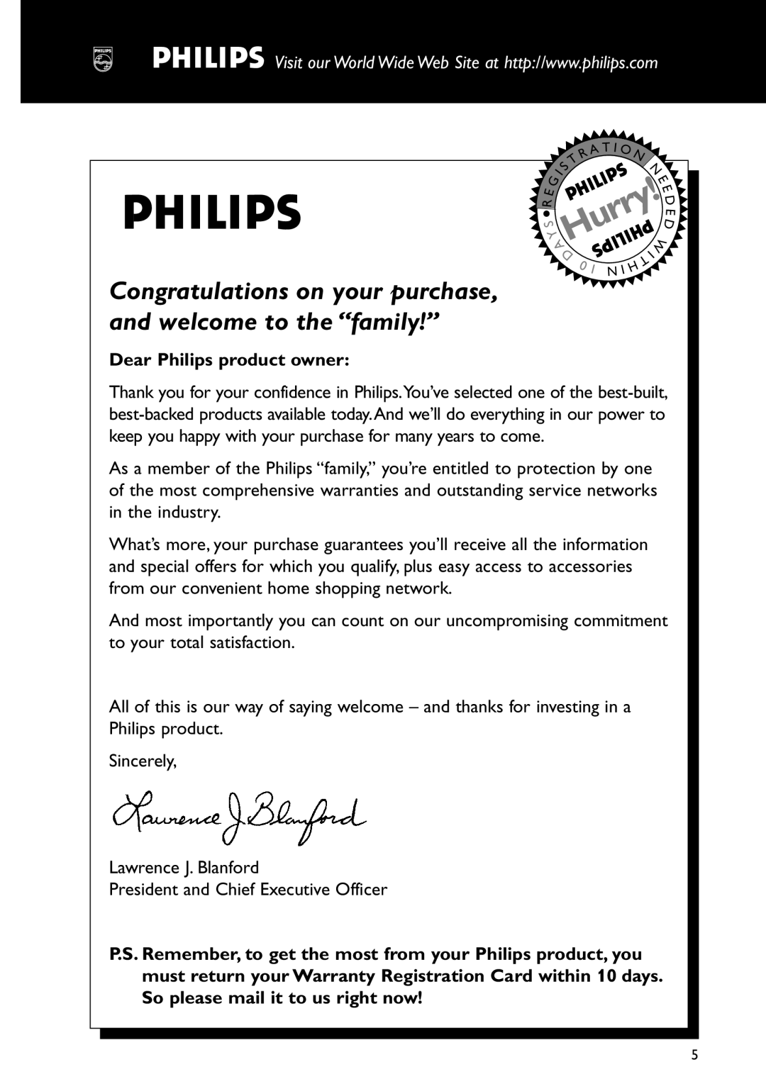 Philips FWC577 warranty Hurry, Dear Philips product owner 