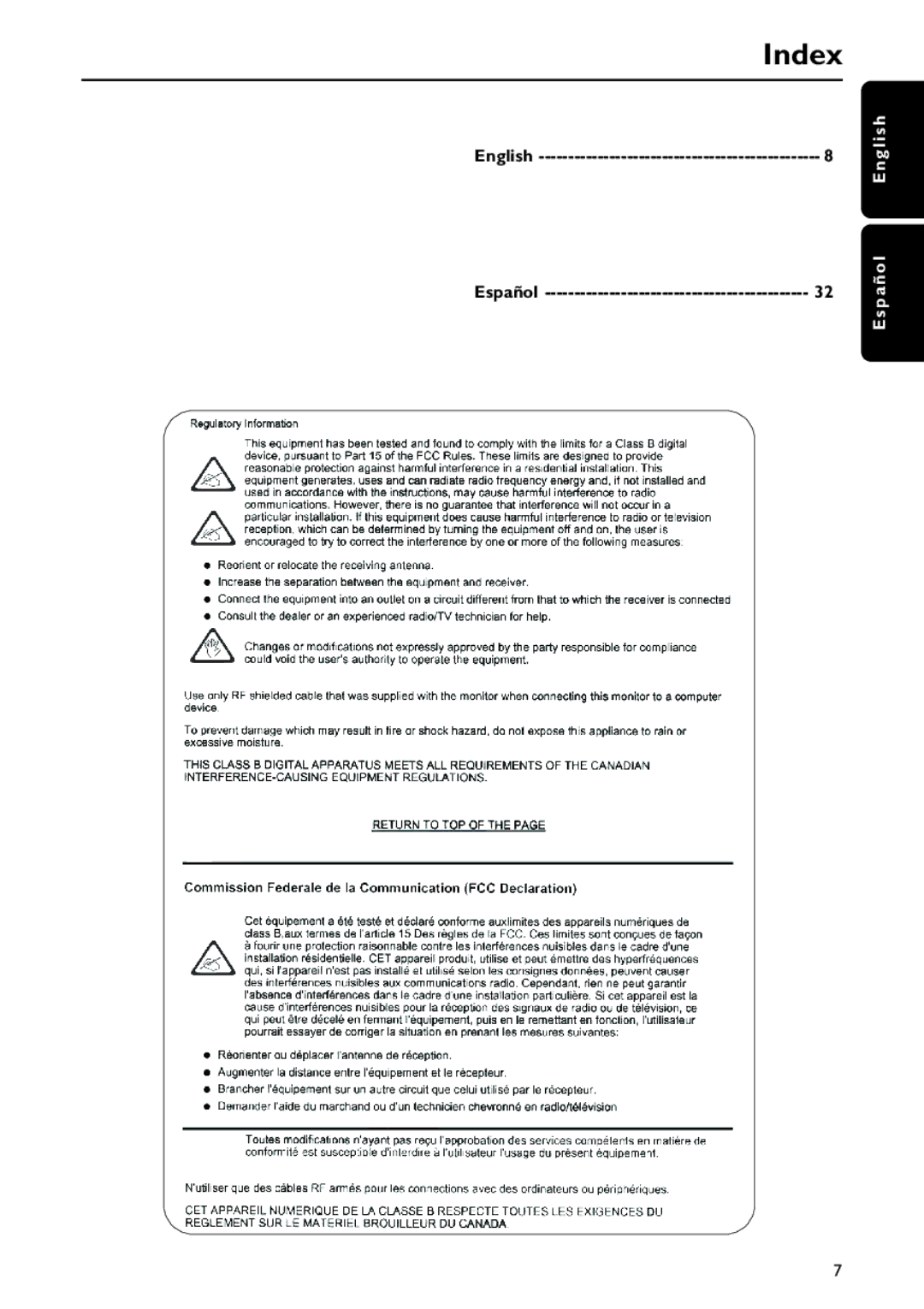 Philips FWC577 warranty Index, P a ño l E n g l i s h 