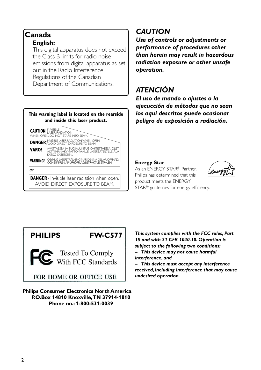 Philips FWC577 warranty Atención, English, Canada, PHILIPS FW-C577, Tested To Comply With FCC Standards, Energy Star 