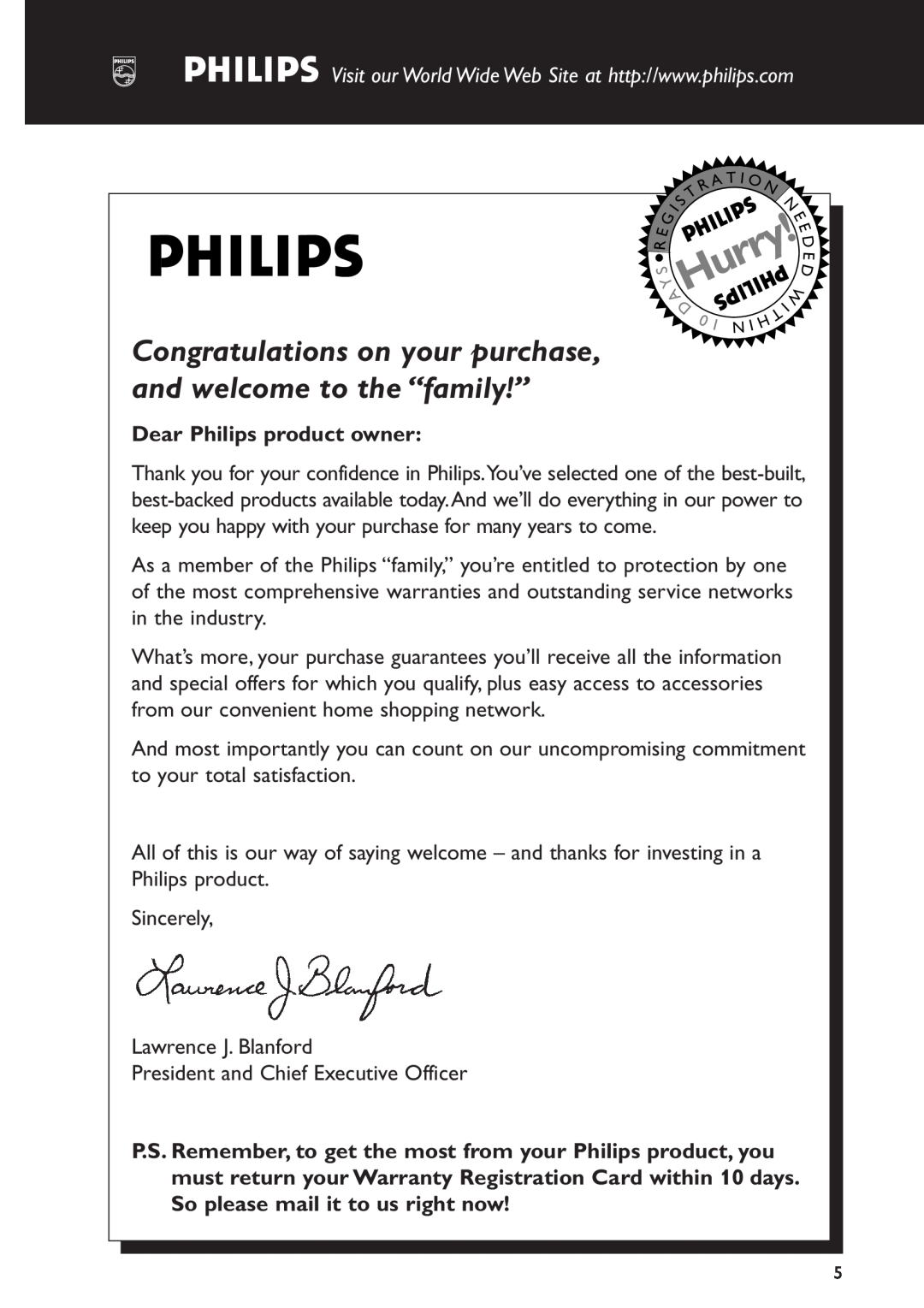 Philips FWC577 warranty Dear Philips product owner, Hurry 