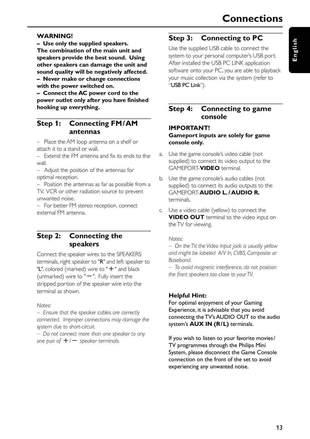 Philips FWC579 warranty Connecting FM/AM Antennas, Connecting Speakers, Connecting to PC, Connecting to game console 