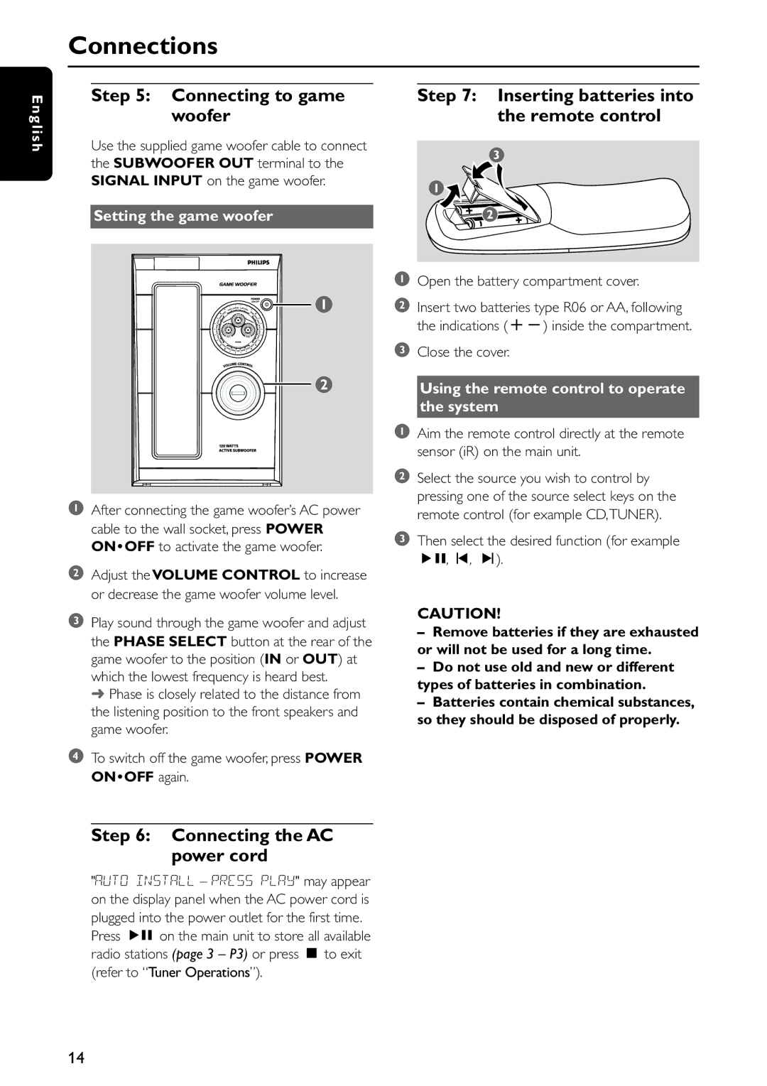 Philips FWC579 warranty Connecting to game woofer, Connecting the AC Power cord, Setting the game woofer 