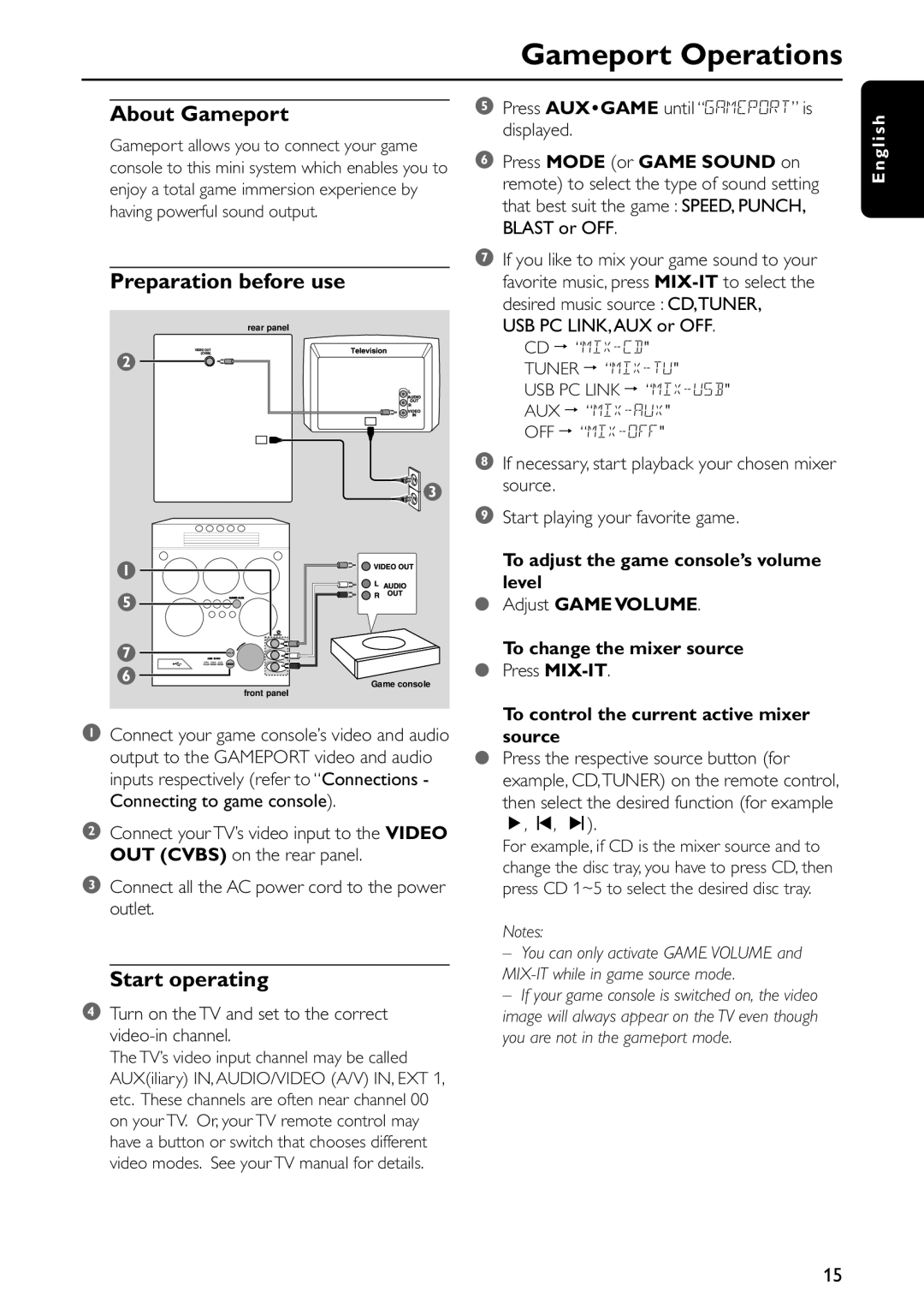 Philips FWC579 warranty Gameport Operations, About Gameport, Preparation before use, Start operating 