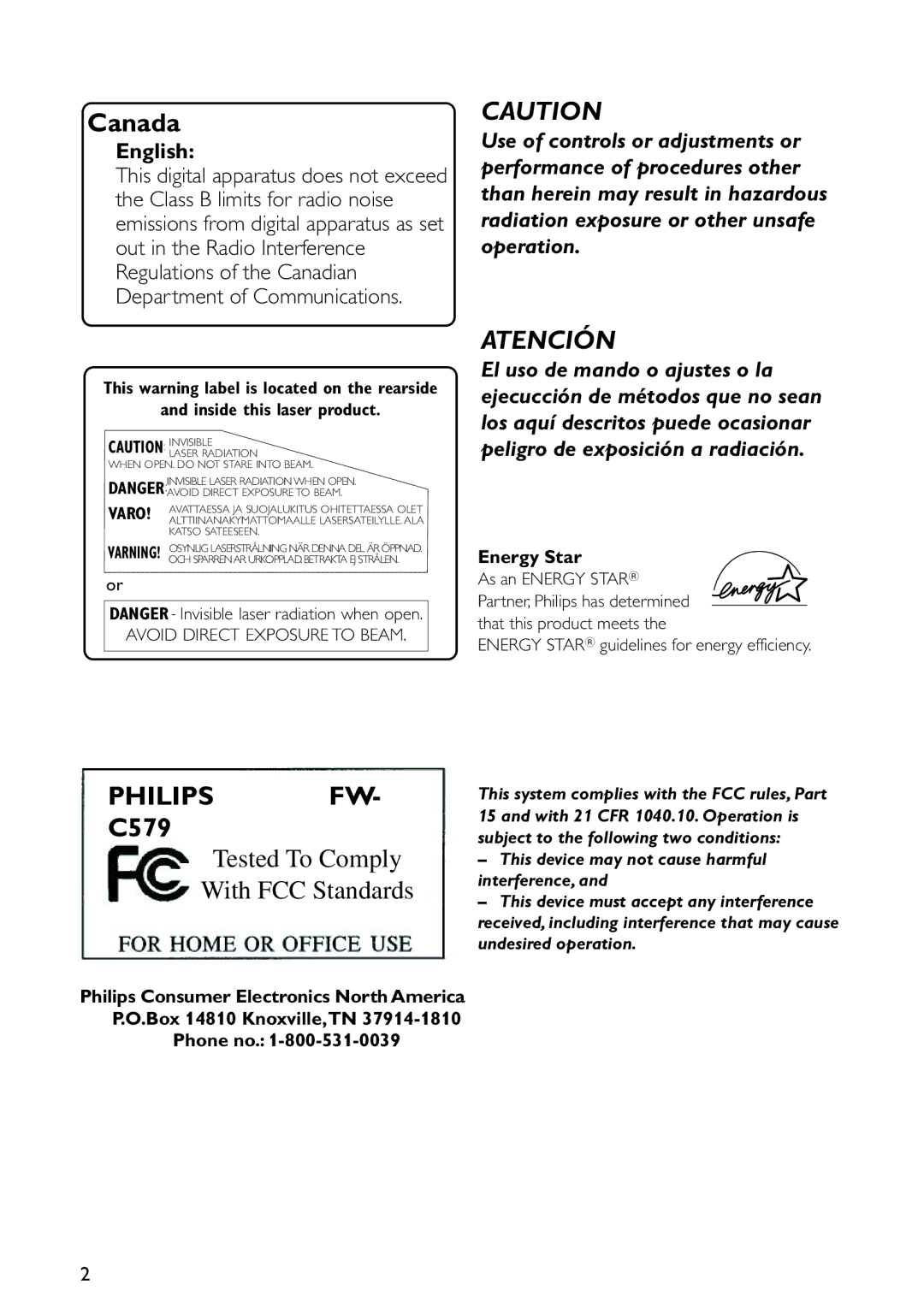 Philips FWC579 English, Inside this laser product, As an Energy Starr, Energy Starr guidelines for energy efficiency 