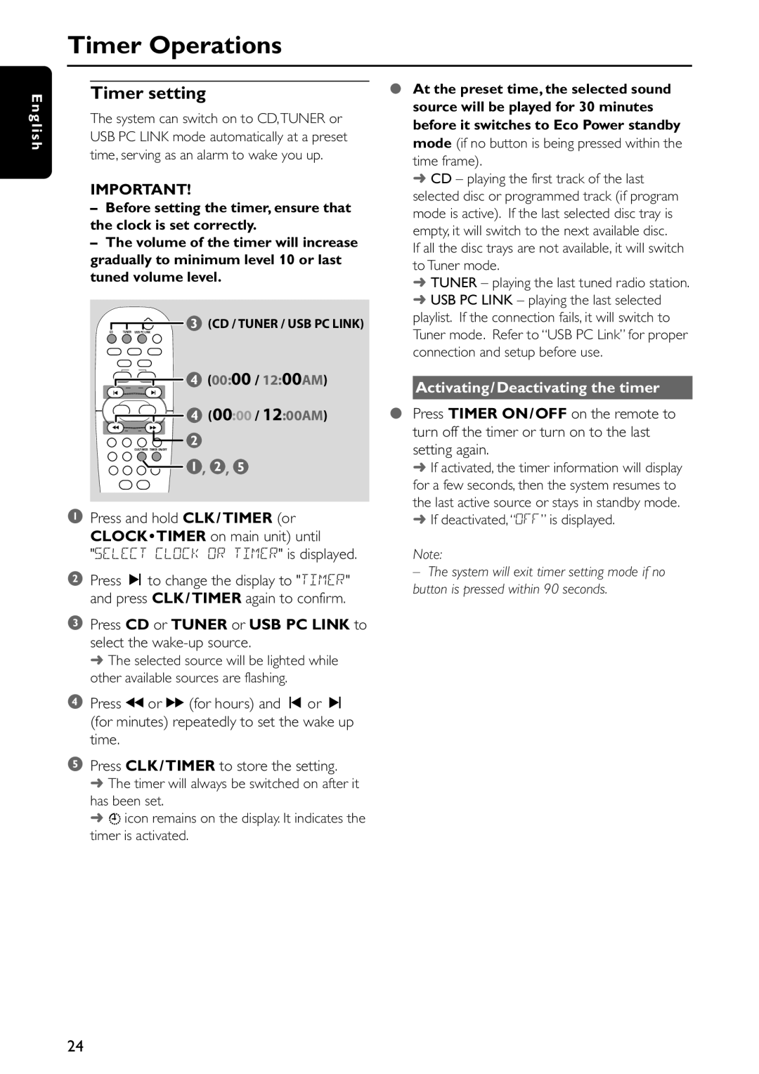 Philips FWC579 Timer Operations, Timer setting, Activating/Deactivating the timer, If deactivated, OFF is displayed 