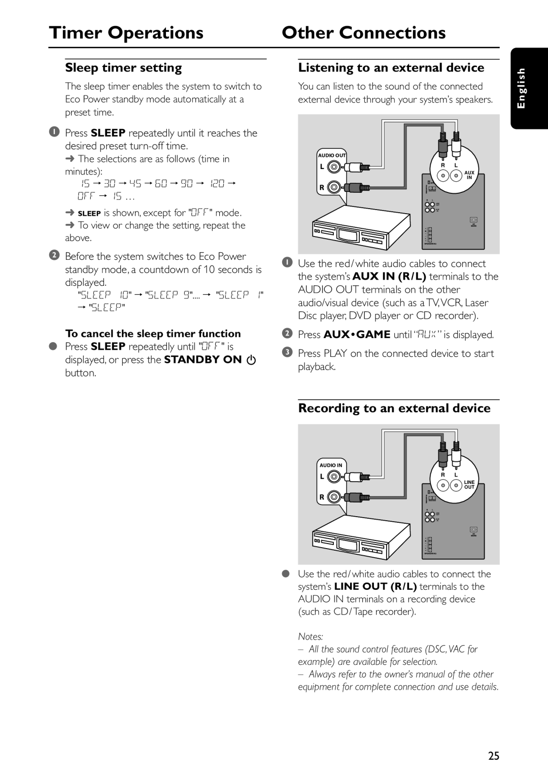 Philips FWC579 warranty Timer Operations Other Connections, Sleep timer setting, Listening to an external device 