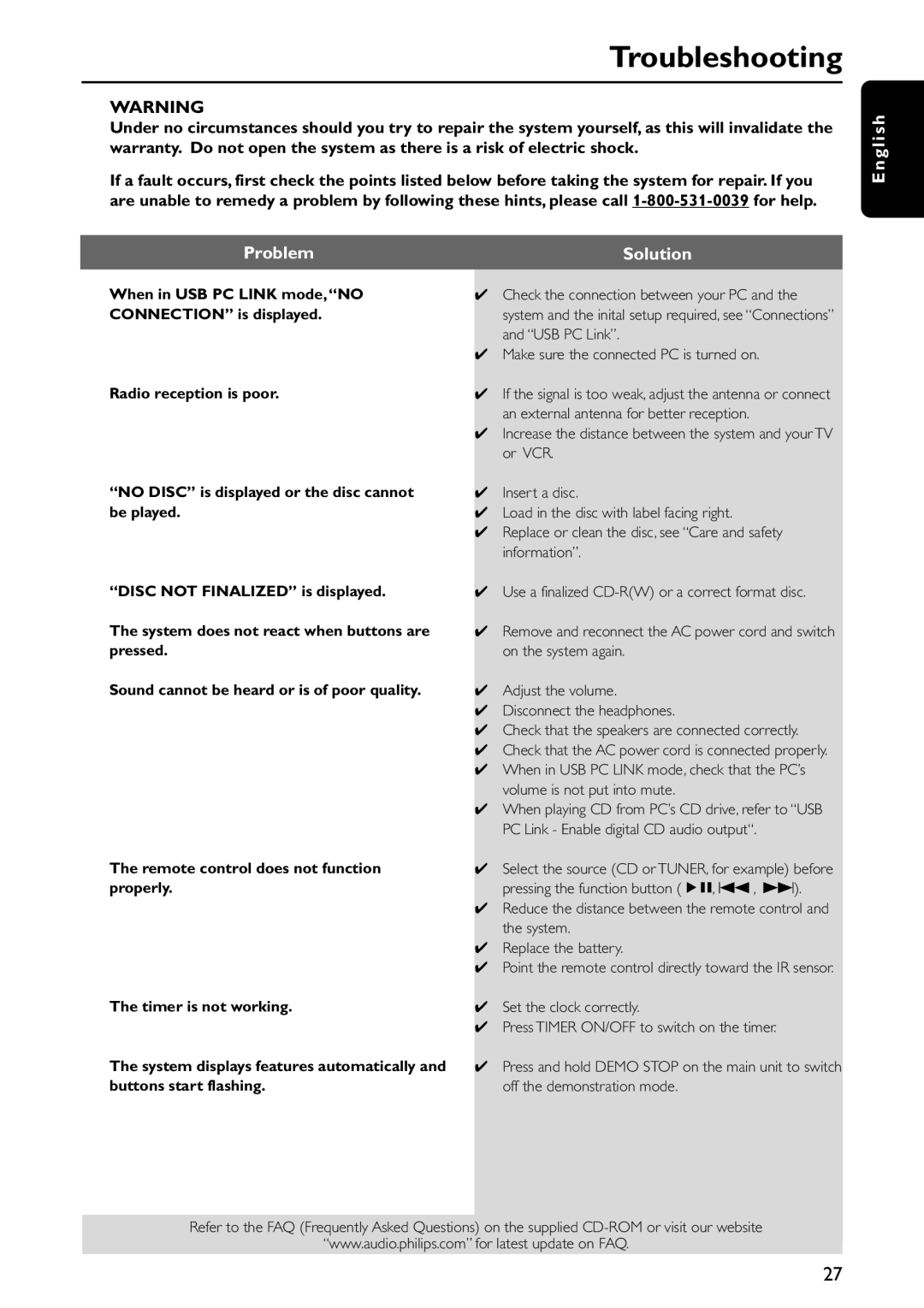 Philips FWC579 warranty Troubleshooting, Problem Solution G l i s h 