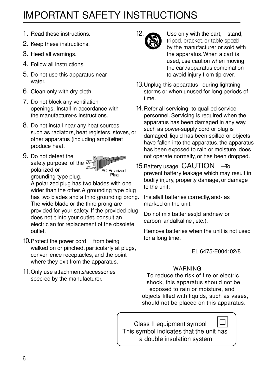 Philips FWC579 warranty Important Safety Instructions, Class II equipment symbol 