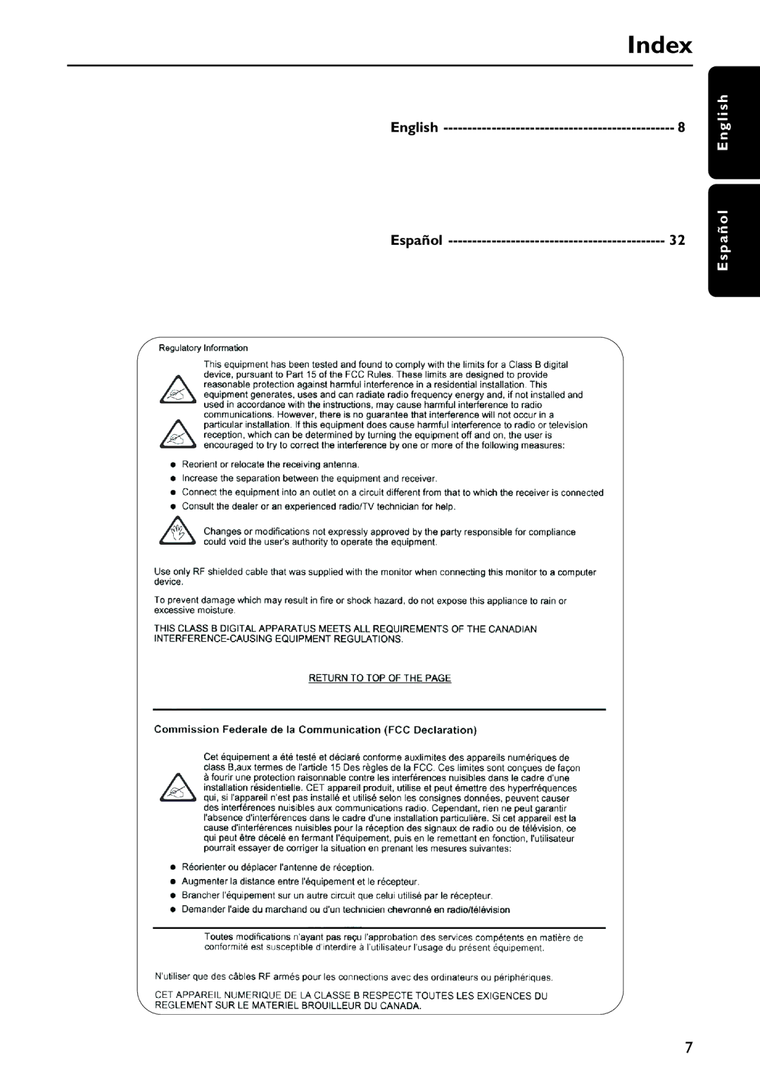 Philips FWC579 warranty Index, P a ño l E n g l i s h 