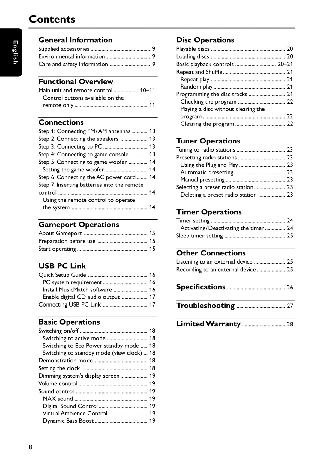 Philips FWC579 warranty Contents, General Information, Functional Overview, Connections, Gameport Operations, USB PC Link 