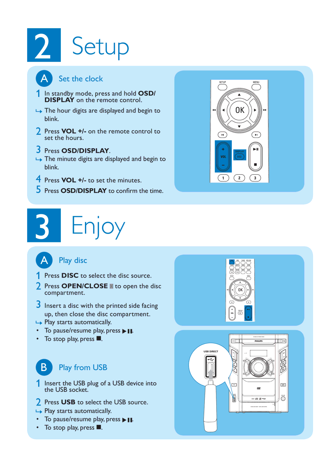 Philips FWD154/98 quick start Set the clock, Play disc, Play from USB 