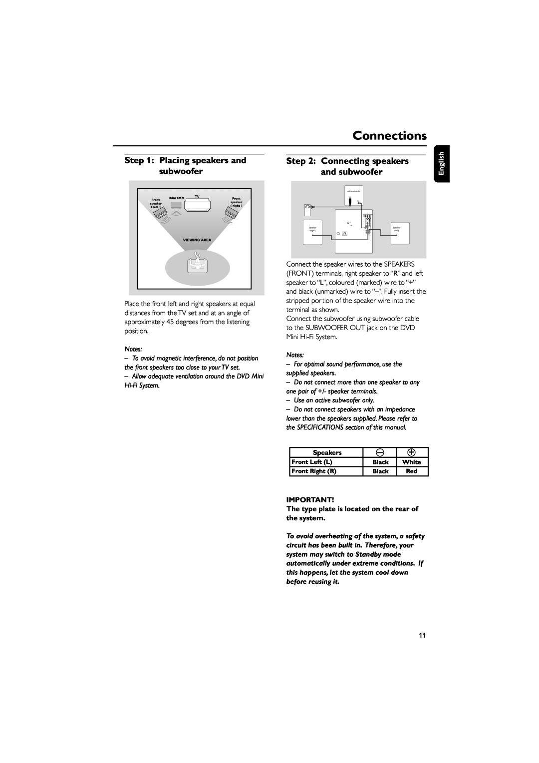 Philips FWD182 user manual Connections, subwoofer, English 