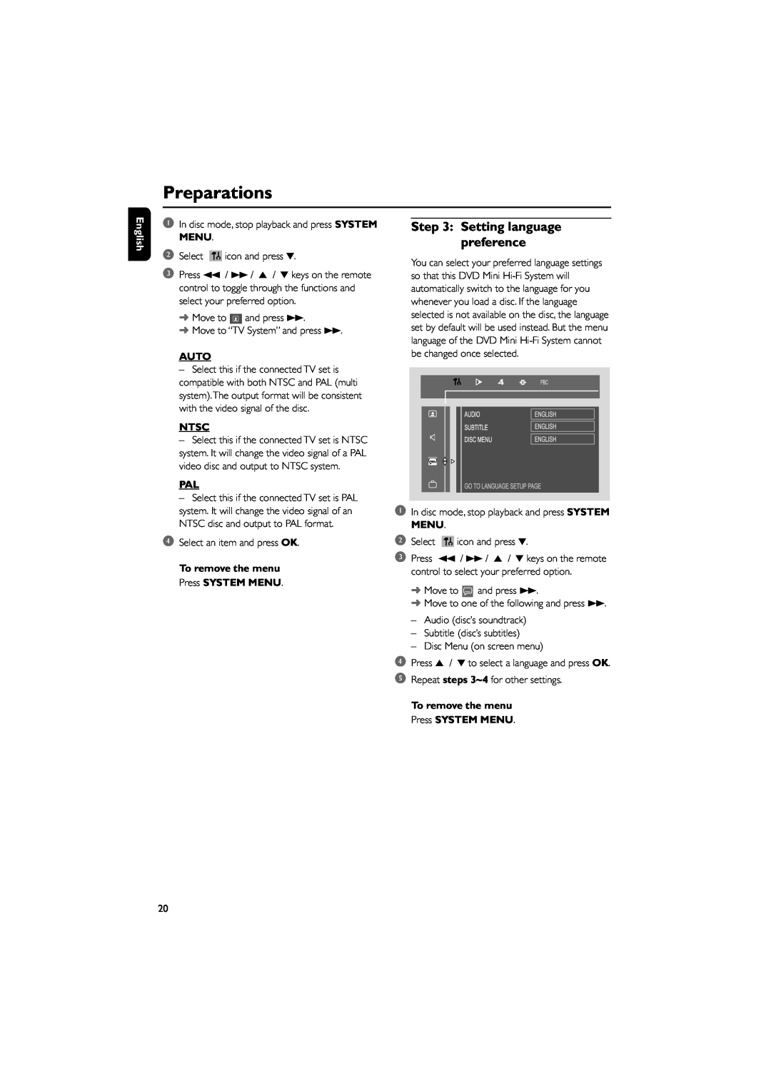 Philips FWD182 user manual Preparations, Setting language preference, English, Auto, Ntsc 