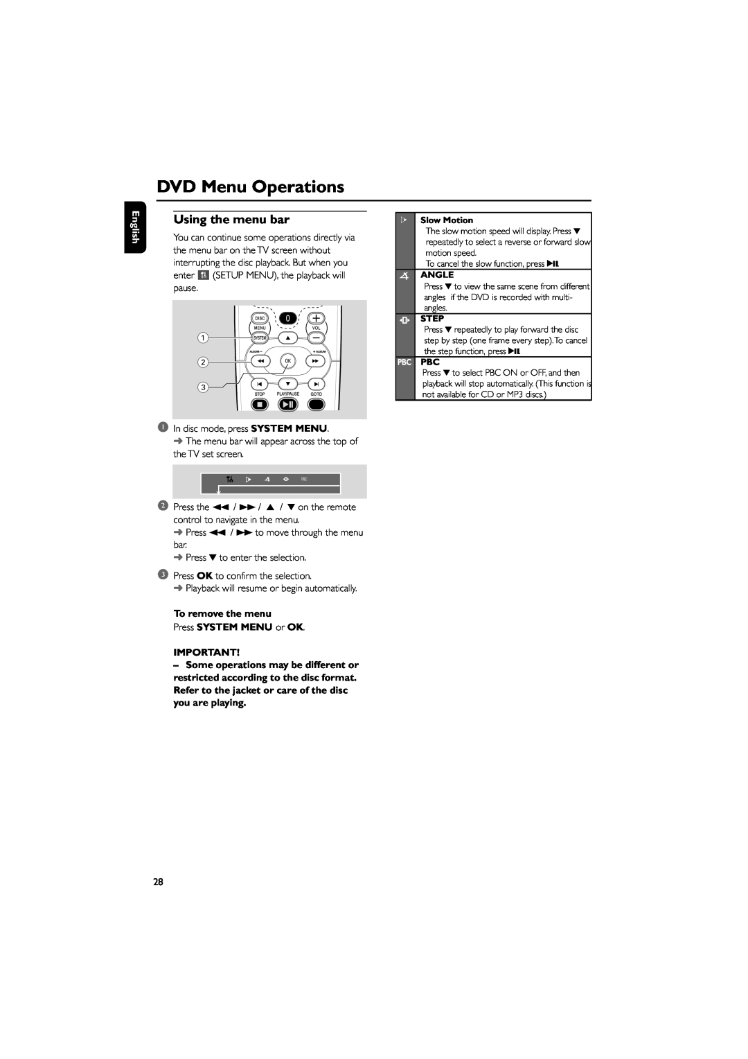 Philips FWD182 user manual DVD Menu Operations, Using the menu bar, English, To remove the menu Press SYSTEM MENU or OK 