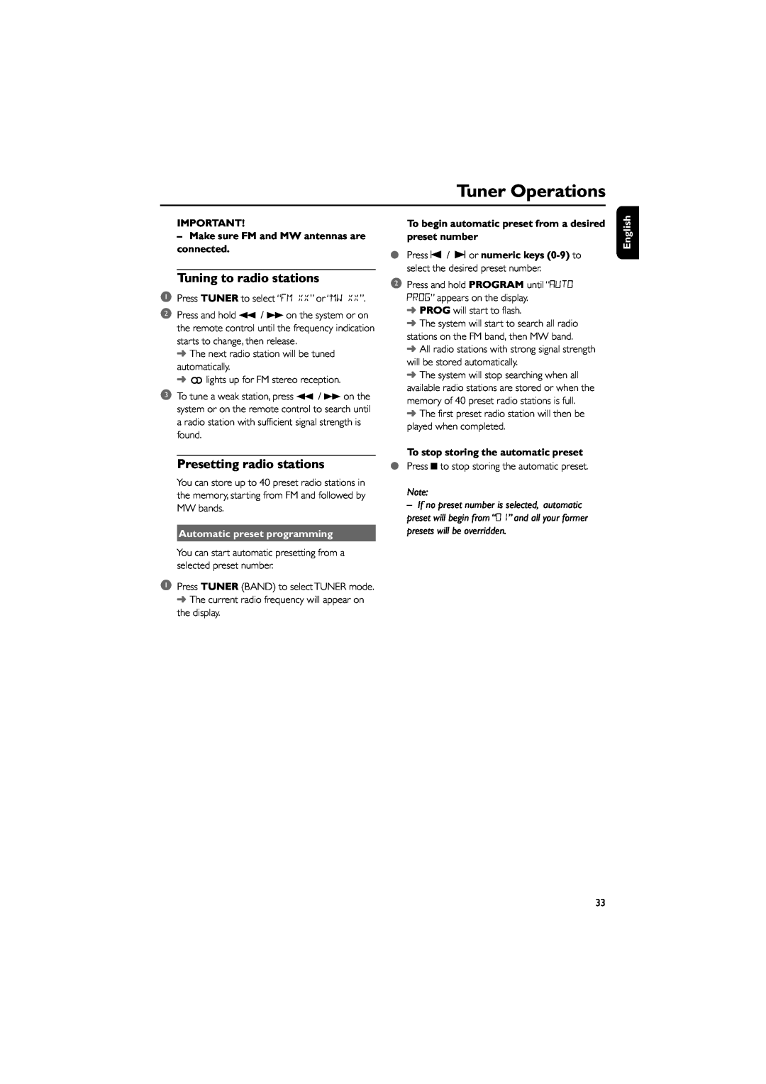 Philips FWD182 user manual Tuner Operations, To stop storing the automatic preset, English 
