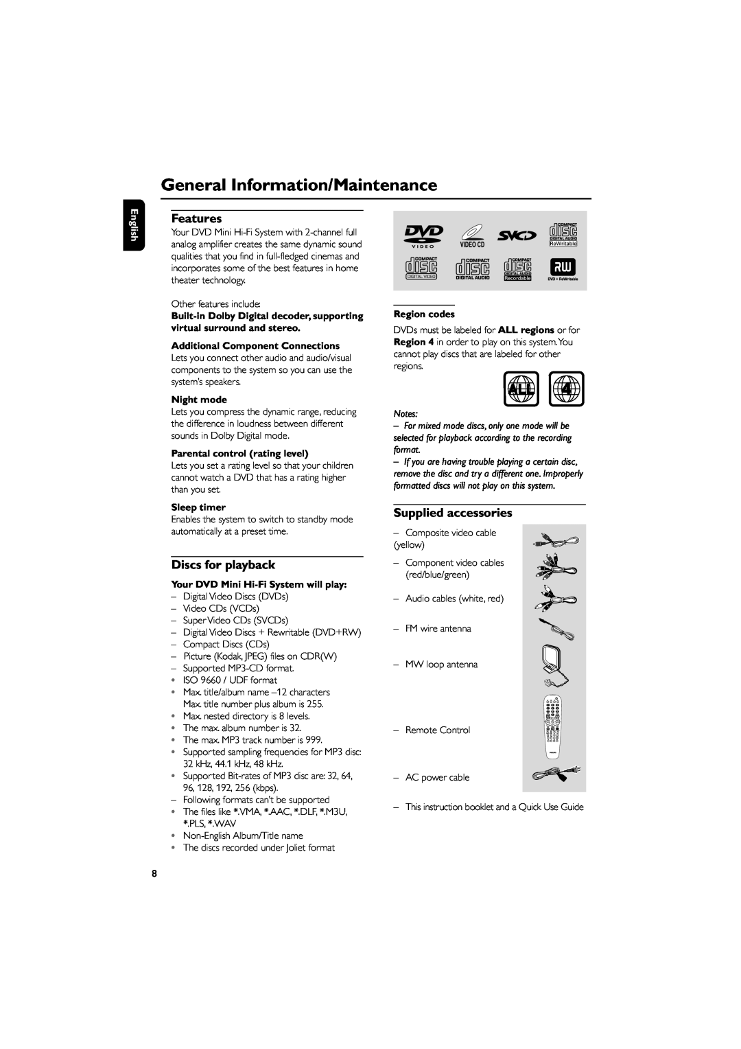 Philips FWD182 General Information/Maintenance, English, Additional Component Connections, Night mode, Sleep timer 