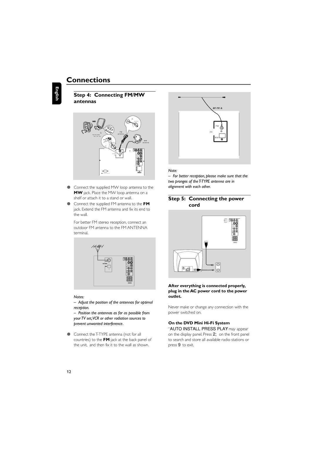 Philips FWD185 user manual Connecting FM/MW antennas, Connecting the power Cord, On the DVD Mini Hi-Fi System 