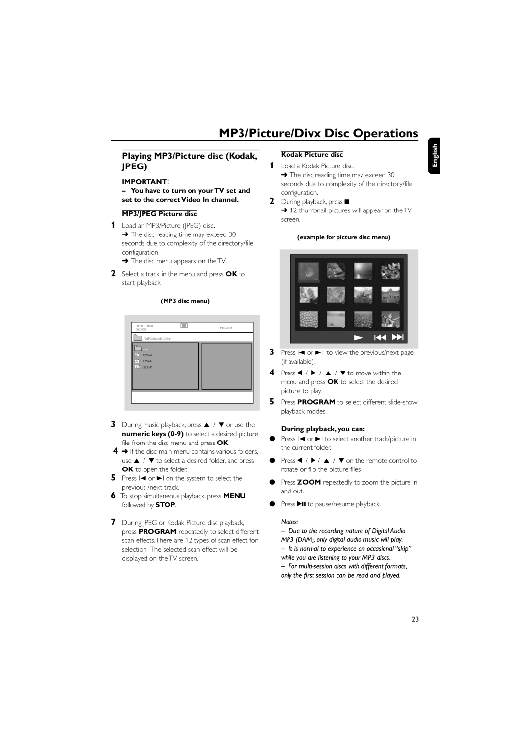 Philips FWD185 user manual MP3/Picture/Divx Disc Operations, Playing MP3/Picture disc Kodak, Jpeg, MP3/JPEG Picture disc 