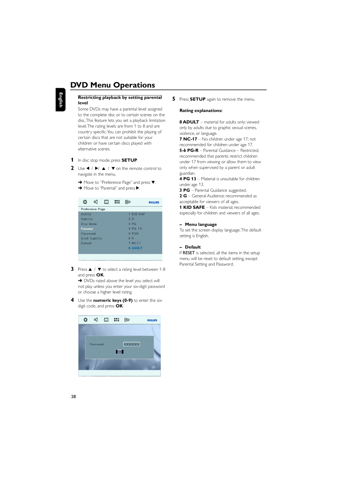 Philips FWD185 user manual Menu language, Default 