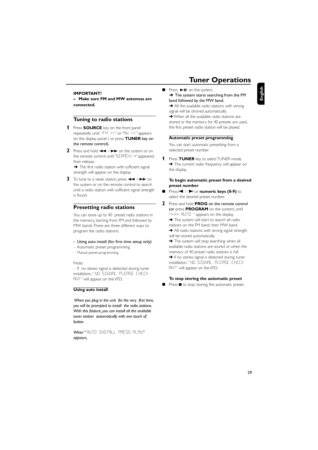 Philips FWD185 user manual Tuner Operations, Tuning to radio stations, Presetting radio stations 