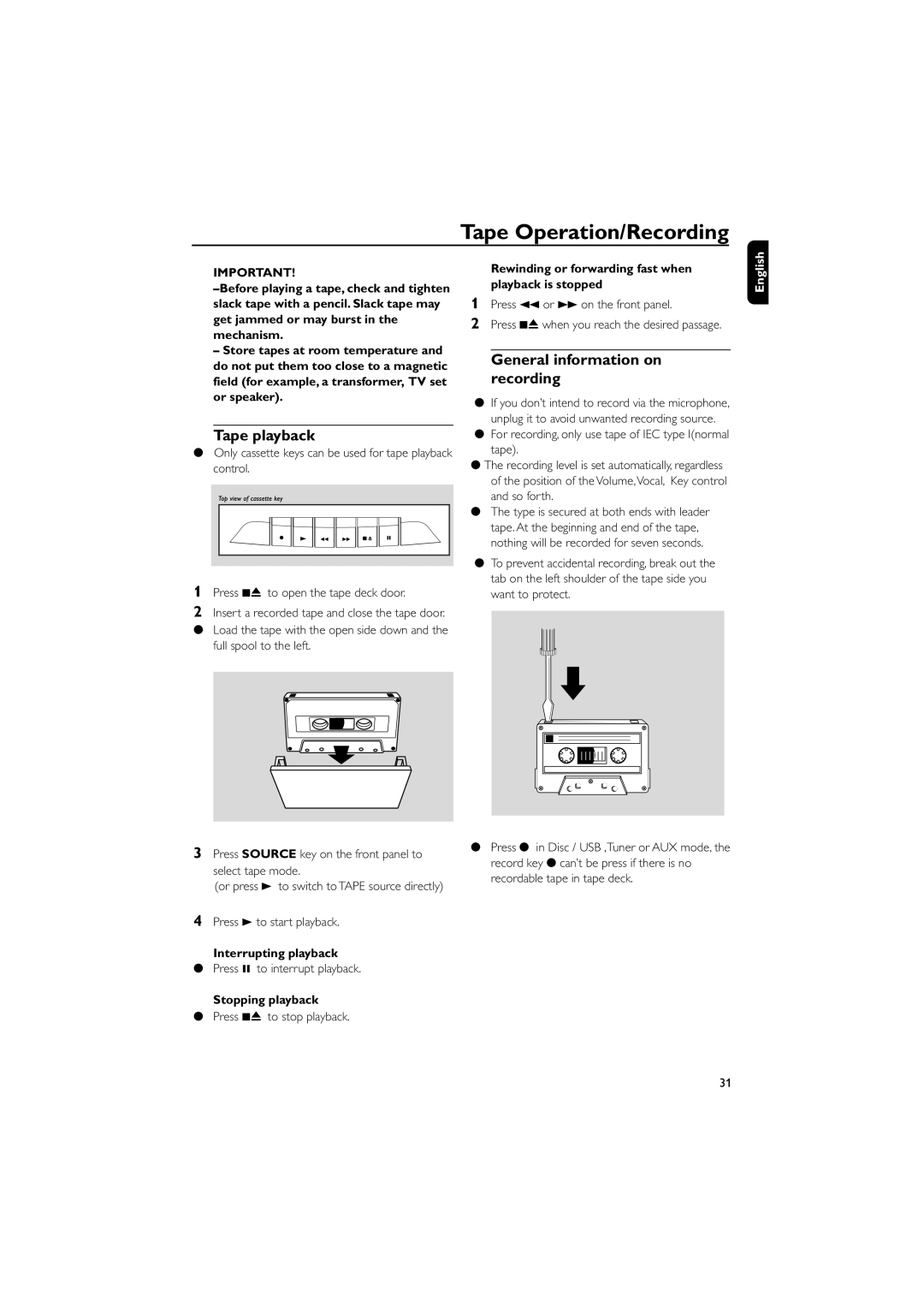 Philips FWD185 user manual Tape Operation/Recording, Tape playback, General information on recording 