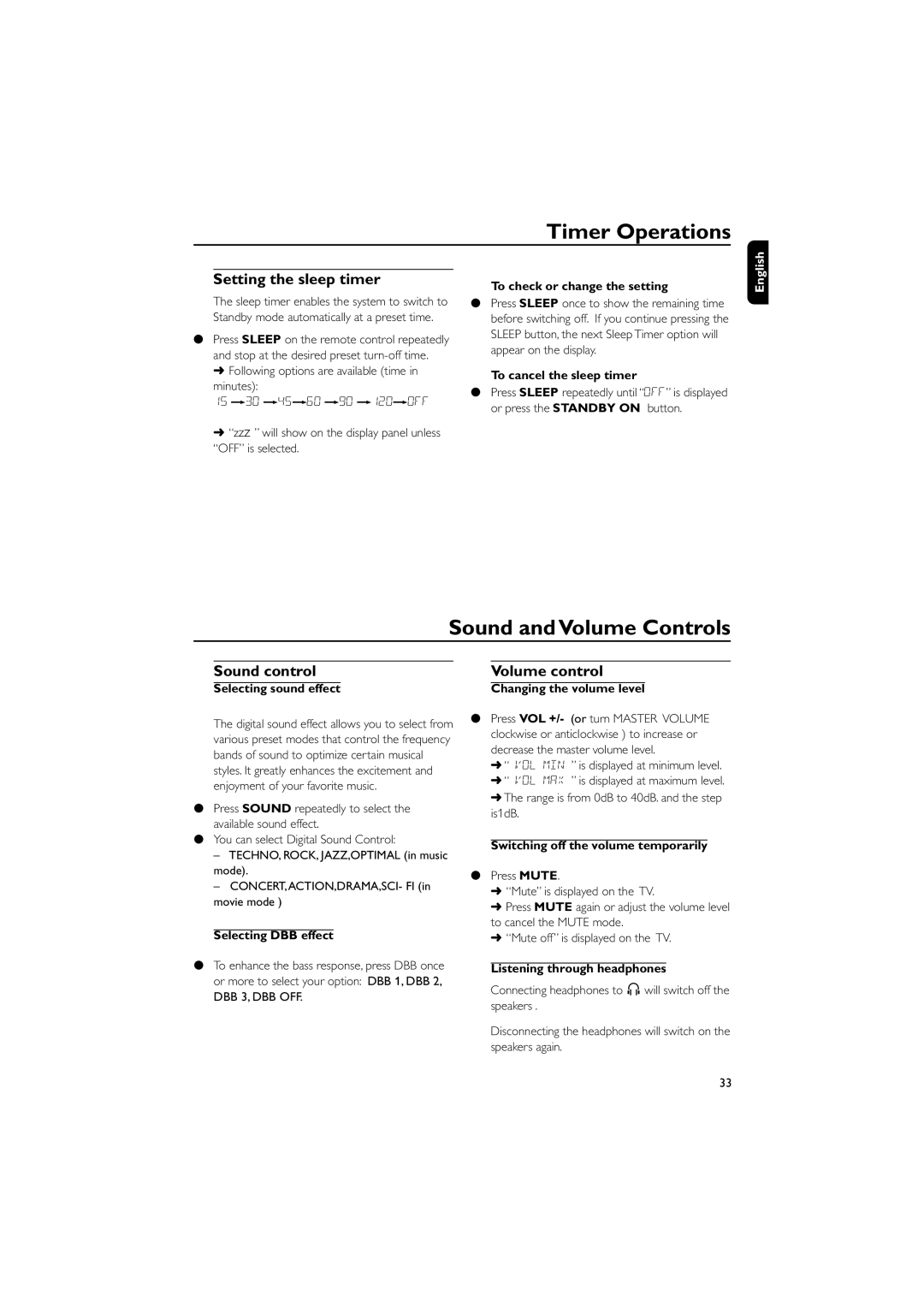 Philips FWD185 user manual Timer Operations, Setting the sleep timer, Sound control Volume control 