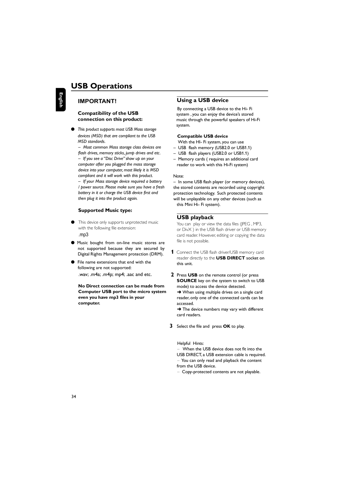 Philips FWD185 user manual USB Operations, Using a USB device, USB playback, Compatible USB device, This Mini Hi- Fi system 