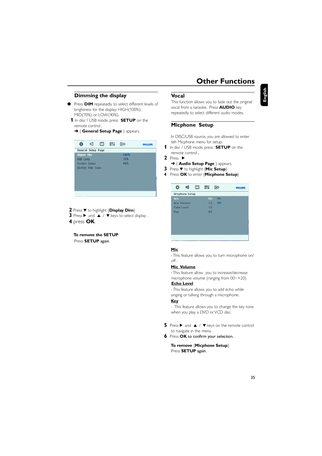 Philips FWD185 user manual Other Functions, Dimming the display, Vocal, Micphone Setup 