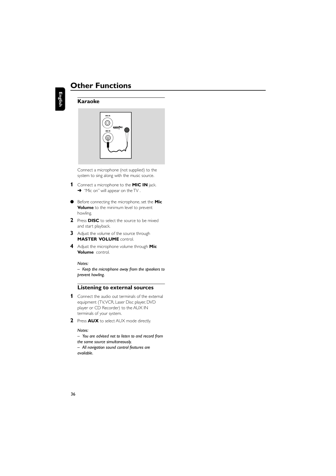 Philips FWD185 user manual Karaoke, Listening to external sources 