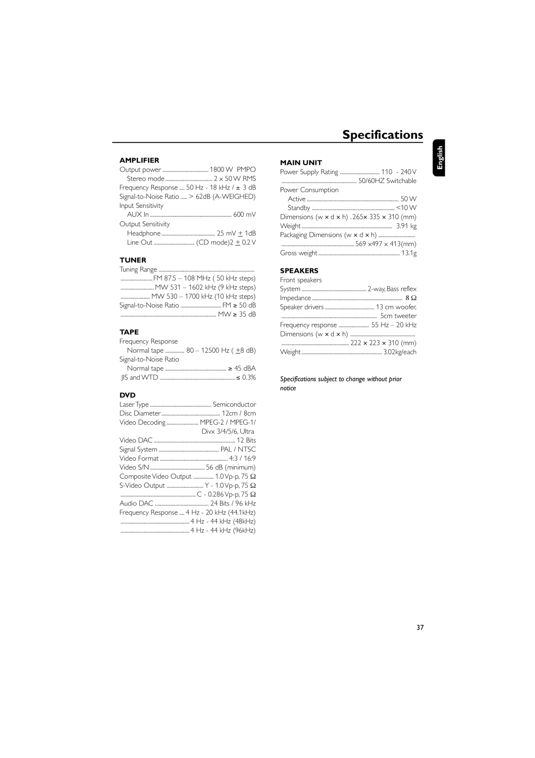 Philips FWD185 user manual Specifications 