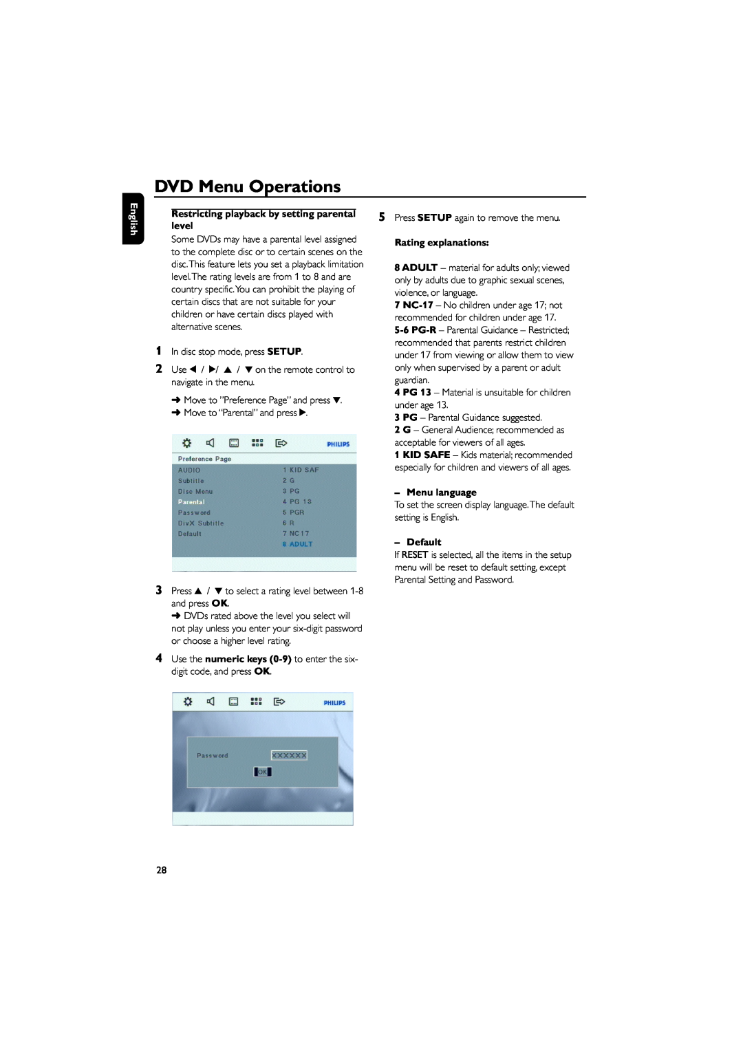 Philips FWD185 user manual Rating explanations, Menu language, Default, DVD Menu Operations 