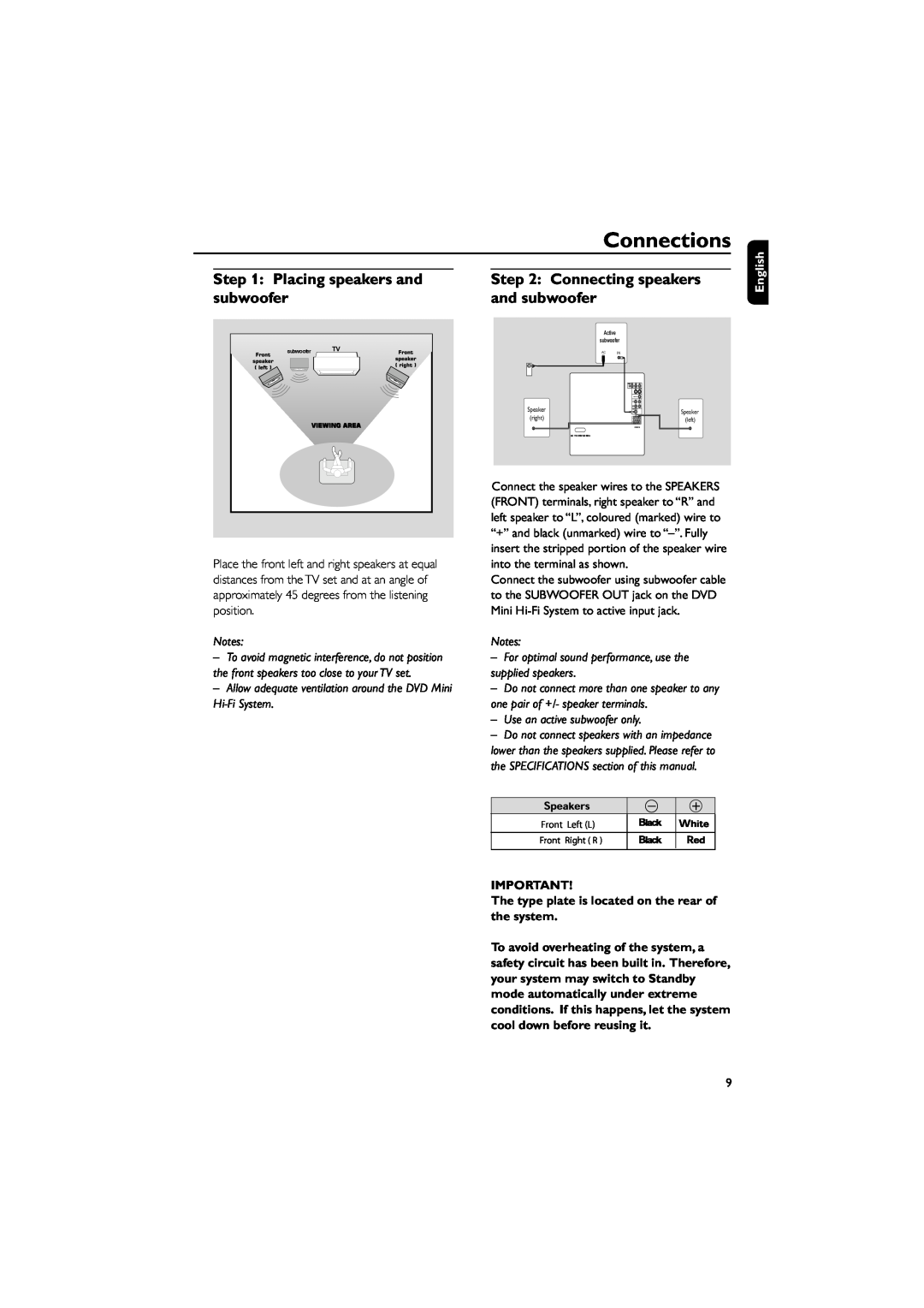 Philips FWD185 user manual Connections, Placing speakers and subwoofer, Connecting speakers and subwoofer, English 